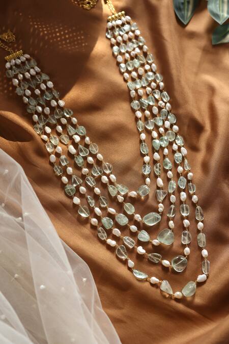 Buy Do Taara Green Baroque Pearls And Fluorite Stone Embellished Layered Necklace Online at Aza Fashions Buy_Do Taara_Green Baroque Pearls And Fluorite Stone Embellished Layered Necklace_Online_at_Aza_Fashions