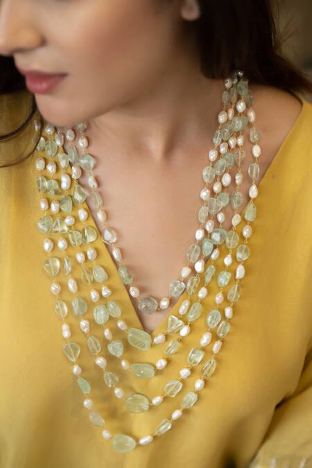 Shop Do Taara Green Baroque Pearls And Fluorite Stone Embellished Layered Necklace Online at Aza Fashions Shop_Do Taara_Green Baroque Pearls And Fluorite Stone Embellished Layered Necklace_Online_at_Aza_Fashions
