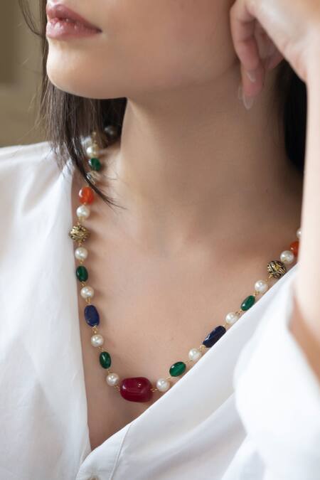 Shop_Do Taara_Silver Plated Gleaming Polki Embellished Victorian Necklace _Online_at_Aza_Fashions