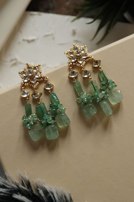 Shop Do Taara Green Beads, Stones, Pearls Gullista Bloom Danglers at Aza Fashions Shop_Do Taara_Green Beads, Stones, Pearls Gullista Bloom Danglers _at_Aza_Fashions