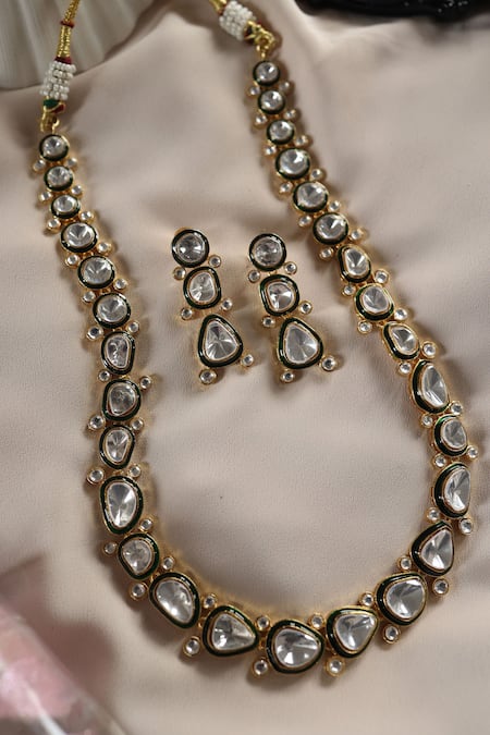 Shop Do Taara Green Diamonds, Stones Glimmering Enamelled Polki Necklace Set at Aza Fashions Shop_Do Taara_Green Diamonds, Stones Glimmering Enamelled Polki Necklace Set _at_Aza_Fashions