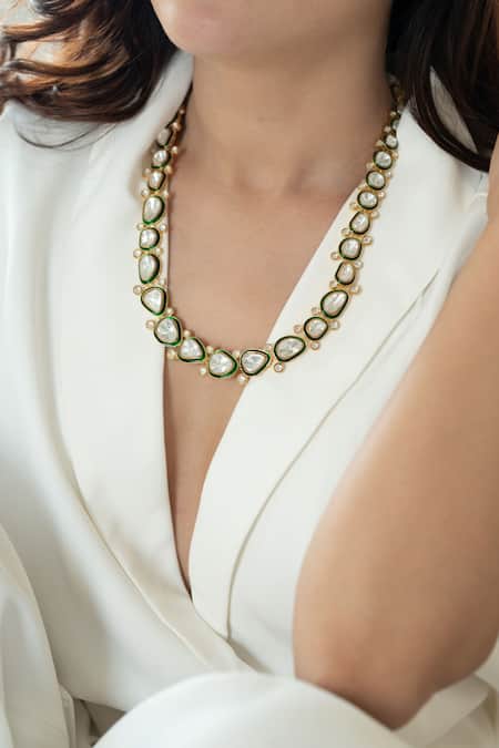 Do Taara Green Diamonds, Stones Glimmering Enamelled Polki Necklace Set Online at Aza Fashions Do Taara_Green Diamonds, Stones Glimmering Enamelled Polki Necklace Set _Online_at_Aza_Fashions