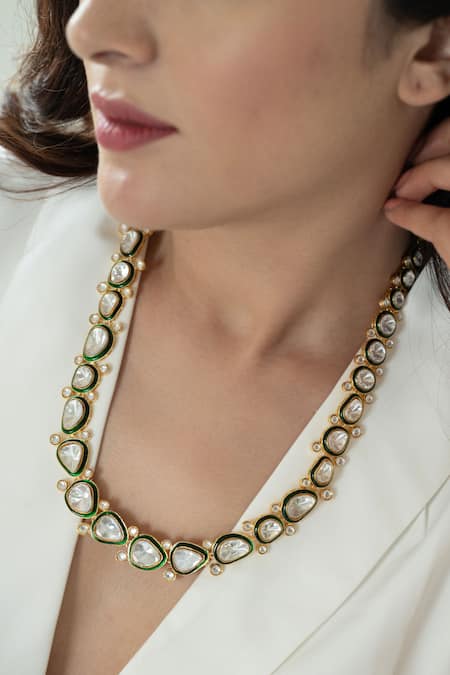 Buy Do Taara Green Diamonds, Stones Glimmering Enamelled Polki Necklace Set Online at Aza Fashions Buy_Do Taara_Green Diamonds, Stones Glimmering Enamelled Polki Necklace Set _Online_at_Aza_Fashions