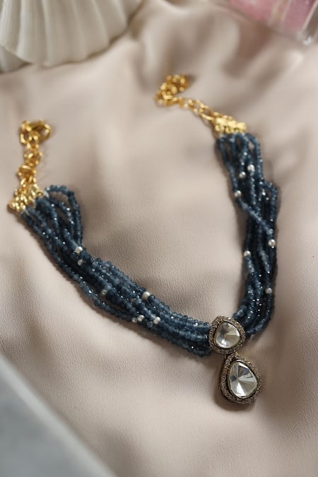 Shop Do Taara Blue Polki Embellished Pendant Choker at Aza Fashions Shop_Do Taara_Blue Polki Embellished Pendant Choker _at_Aza_Fashions