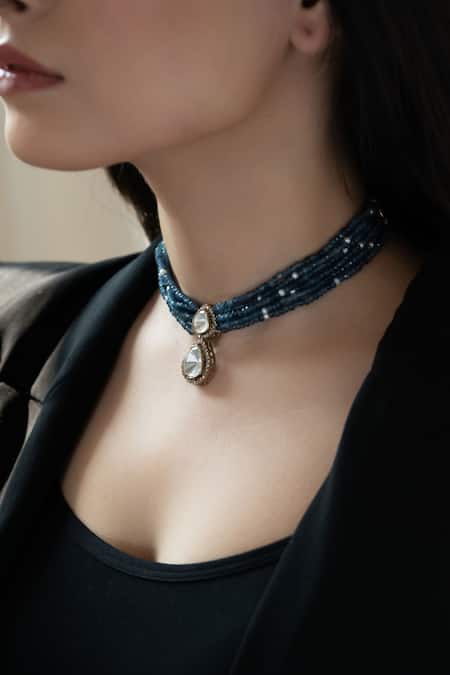 Buy Do Taara Blue Polki Embellished Pendant Choker Online at Aza Fashions Buy_Do Taara_Blue Polki Embellished Pendant Choker _Online_at_Aza_Fashions