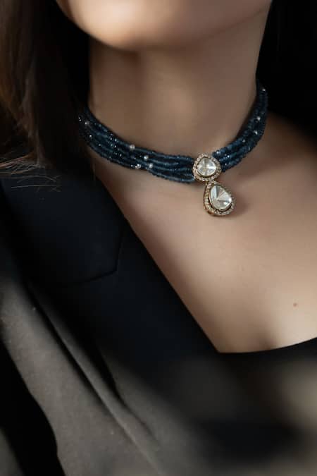 Shop Do Taara Blue Polki Embellished Pendant Choker Online at Aza Fashions Shop_Do Taara_Blue Polki Embellished Pendant Choker _Online_at_Aza_Fashions