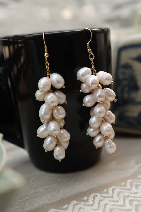 Shop Do Taara Gold Plated Pearls Shell Embellished Earrings at Aza Fashions Shop_Do Taara_Gold Plated Pearls Shell Embellished Earrings _at_Aza_Fashions