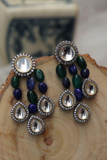 Shop Do Taara Blue Crystals, Diamonds, Stones Polki Embellished Earrings at Aza Fashions Shop_Do Taara_Blue Crystals, Diamonds, Stones Polki Embellished Earrings _at_Aza_Fashions