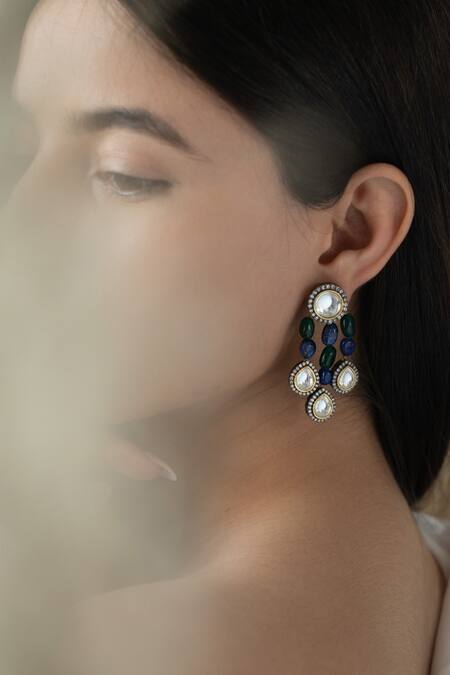 Do Taara Blue Crystals, Diamonds, Stones Polki Embellished Earrings Online at Aza Fashions Do Taara_Blue Crystals, Diamonds, Stones Polki Embellished Earrings _Online_at_Aza_Fashions