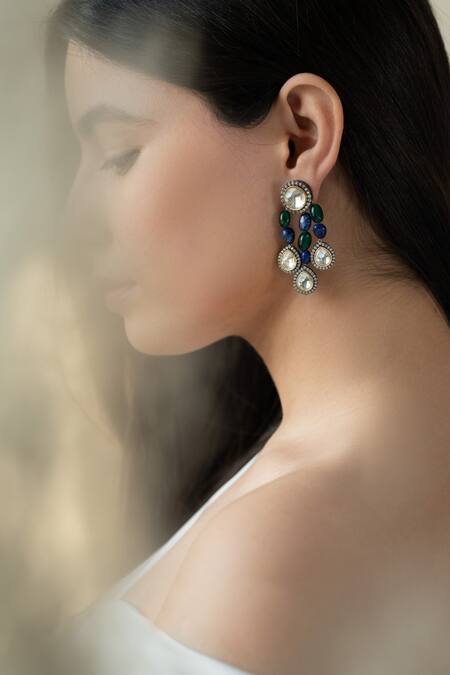 Buy Do Taara Blue Crystals, Diamonds, Stones Polki Embellished Earrings Online at Aza Fashions Buy_Do Taara_Blue Crystals, Diamonds, Stones Polki Embellished Earrings _Online_at_Aza_Fashions