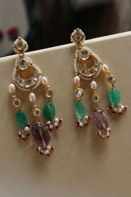 Shop Do Taara Multi Color Stones, Pearls Kundan Embellished Chandbalis at Aza Fashions Shop_Do Taara_Multi Color Stones, Pearls Kundan Embellished Chandbalis _at_Aza_Fashions