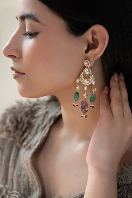 Do Taara Multi Color Stones, Pearls Kundan Embellished Chandbalis Online at Aza Fashions Do Taara_Multi Color Stones, Pearls Kundan Embellished Chandbalis _Online_at_Aza_Fashions