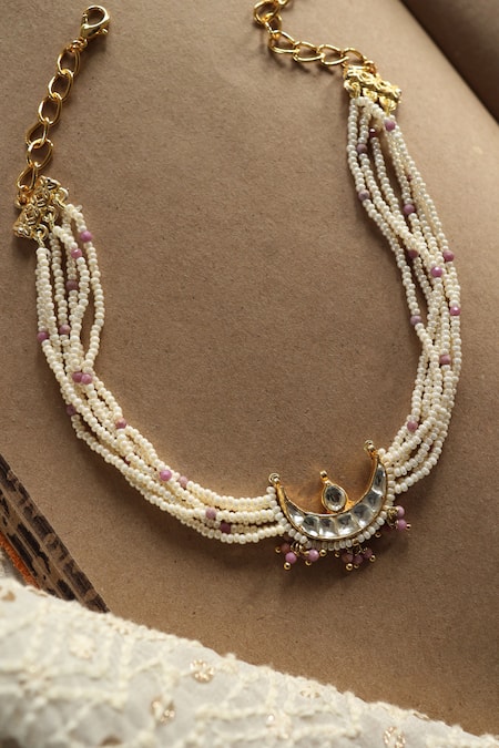 Shop Do Taara Pink Half Crescent Carved Pendant Choker at Aza Fashions Shop_Do Taara_Pink Half Crescent Carved Pendant Choker _at_Aza_Fashions