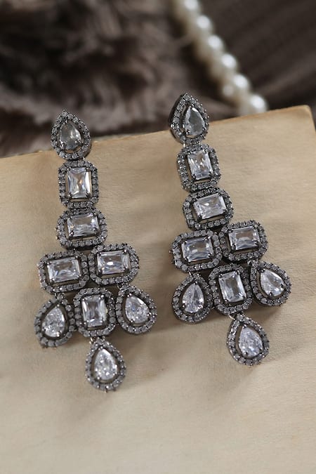 Shop Do Taara Silver Plated Crystals, Diamonds Cubic Zirconia Embellished Earrings at Aza Fashions Shop_Do Taara_Silver Plated Crystals, Diamonds Cubic Zirconia Embellished Earrings _at_Aza_Fashions