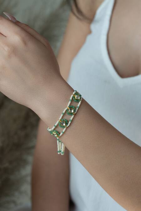 Buy Do Taara Green Crystals, Pearls Kundan Embellished Cutwork Bracelet Online at Aza Fashions Buy_Do Taara_Green Crystals, Pearls Kundan Embellished Cutwork Bracelet _Online_at_Aza_Fashions