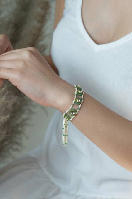 Shop Do Taara Green Crystals, Pearls Kundan Embellished Cutwork Bracelet Online at Aza Fashions Shop_Do Taara_Green Crystals, Pearls Kundan Embellished Cutwork Bracelet _Online_at_Aza_Fashions