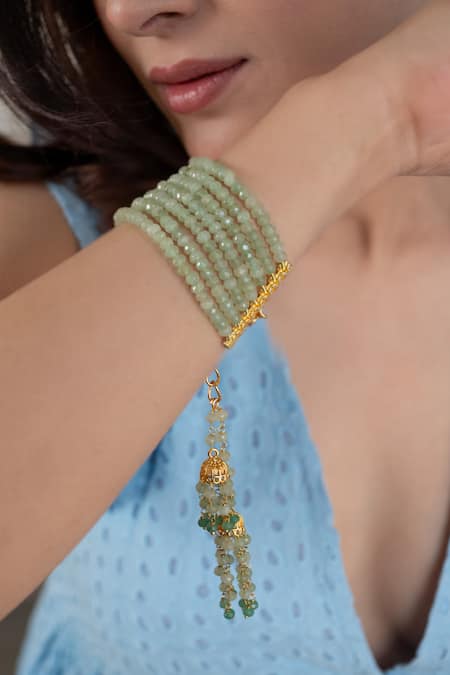 Do Taara Green Stones Onyx Embellished Jhumka Tassel Bracelet Online at Aza Fashions Do Taara_Green Stones Onyx Embellished Jhumka Tassel Bracelet _Online_at_Aza_Fashions