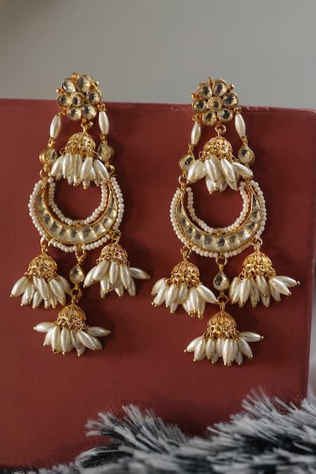 Shop Do Taara Gold Plated Pearls, Diamonds, Stones Rice Embellished Chandbalis at Aza Fashions Shop_Do Taara_Gold Plated Pearls, Diamonds, Stones Rice Embellished Chandbalis _at_Aza_Fashions