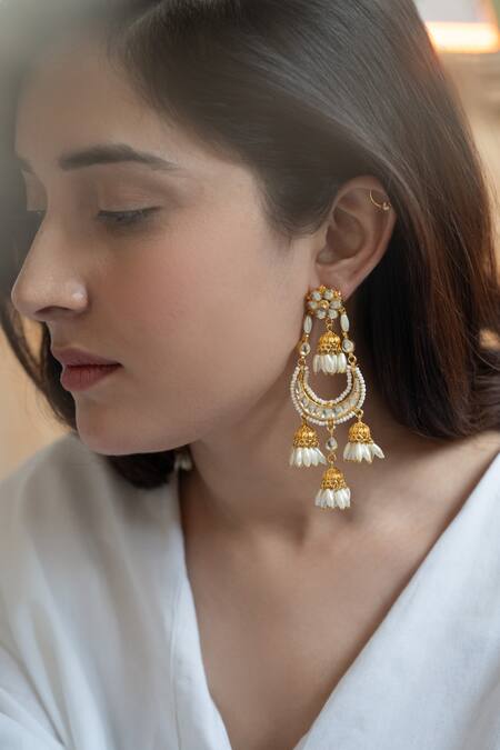 Do Taara Gold Plated Pearls, Diamonds, Stones Rice Embellished Chandbalis Online at Aza Fashions Do Taara_Gold Plated Pearls, Diamonds, Stones Rice Embellished Chandbalis _Online_at_Aza_Fashions