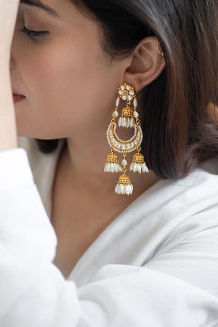Buy Do Taara Gold Plated Pearls, Diamonds, Stones Rice Embellished Chandbalis Online at Aza Fashions Buy_Do Taara_Gold Plated Pearls, Diamonds, Stones Rice Embellished Chandbalis _Online_at_Aza_Fashions