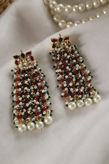 Shop Do Taara Multi Color Pearls, Diamonds, Stones Shell Embellished Earrings at Aza Fashions Shop_Do Taara_Multi Color Pearls, Diamonds, Stones Shell Embellished Earrings _at_Aza_Fashions