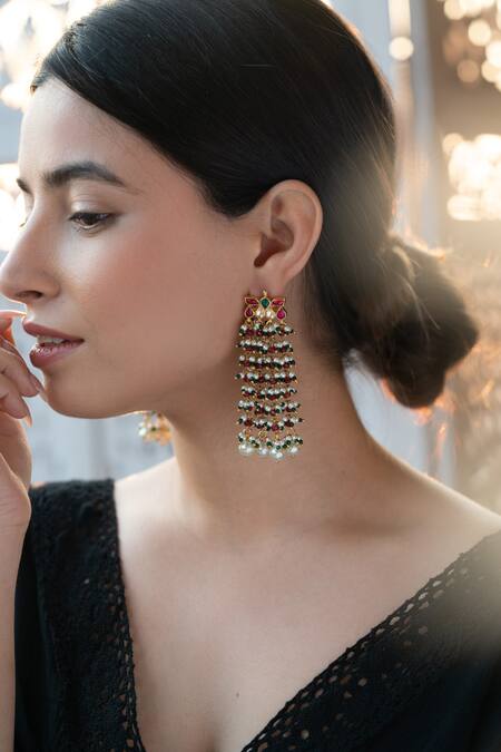 Do Taara Multi Color Pearls, Diamonds, Stones Shell Embellished Earrings Online at Aza Fashions Do Taara_Multi Color Pearls, Diamonds, Stones Shell Embellished Earrings _Online_at_Aza_Fashions