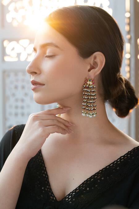 Buy Do Taara Multi Color Pearls, Diamonds, Stones Shell Embellished Earrings Online at Aza Fashions Buy_Do Taara_Multi Color Pearls, Diamonds, Stones Shell Embellished Earrings _Online_at_Aza_Fashions