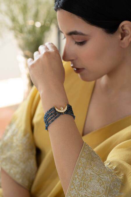 Shop Do Taara Blue Crystals Kundan Embellished Layered Bracelet Online at Aza Fashions Shop_Do Taara_Blue Crystals Kundan Embellished Layered Bracelet _Online_at_Aza_Fashions