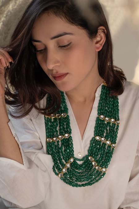 Buy Do Taara Green Jade Stone Embellished Layered Necklace Online at Aza Fashions Buy_Do Taara_Green Jade Stone Embellished Layered Necklace _Online_at_Aza_Fashions