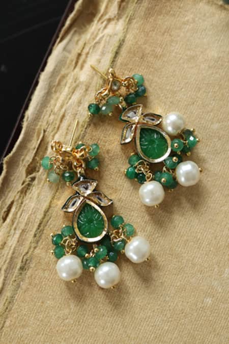 Shop_Do Taara_Green Shell Pearl Fluorite Stone Drop Earrings _at_Aza_Fashions