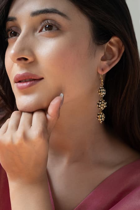 Shop Do Taara Blue Pearls, Embroidery Embellished Enamelled Earrings at Aza Fashions Shop_Do Taara_Blue Pearls, Embroidery Embellished Enamelled Earrings _at_Aza_Fashions