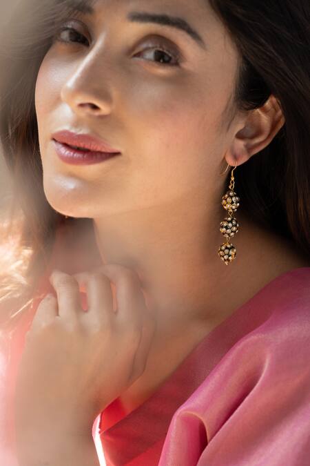 Do Taara Blue Pearls, Embroidery Embellished Enamelled Earrings Online at Aza Fashions Do Taara_Blue Pearls, Embroidery Embellished Enamelled Earrings _Online_at_Aza_Fashions