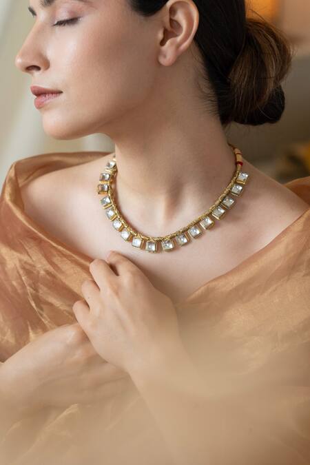 Do Taara Green Diamonds, Stones Kundan Embellished Choker Necklace Set Online at Aza Fashions Do Taara_Green Diamonds, Stones Kundan Embellished Choker Necklace Set_Online_at_Aza_Fashions