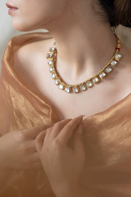 Do Taara Green Diamonds, Stones Kundan Embellished Choker Necklace Set at Aza Fashions Do Taara_Green Diamonds, Stones Kundan Embellished Choker Necklace Set_at_Aza_Fashions