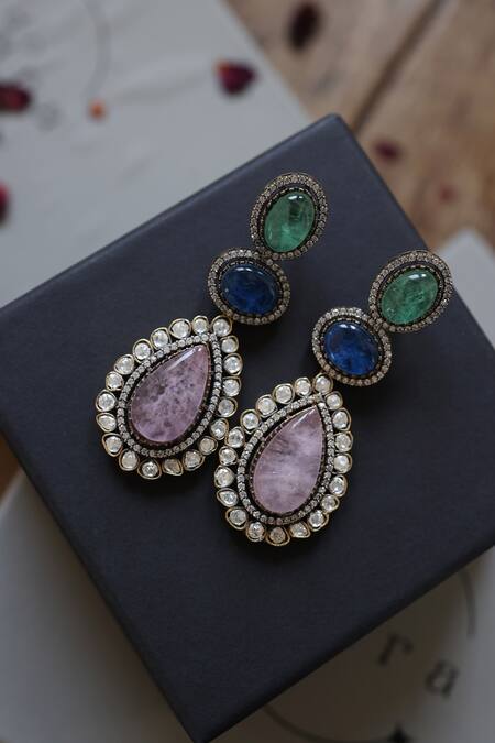 Shop Do Taara Multi Color Cut Work, Stones Cubic Zirconia And Natural Embellished Earrings Online at Aza Fashions Shop_Do Taara_Multi Color Cut Work, Stones Cubic Zirconia And Natural Embellished Earrings _Online_at_Aza_Fashions