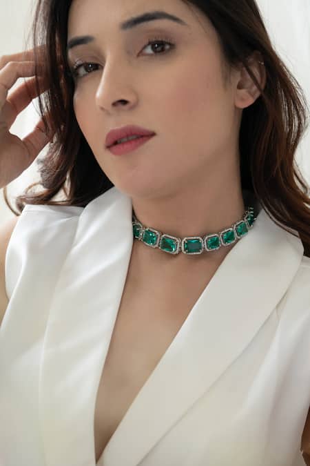 Do Taara_Blue Crystals, Fabric Flowers Double Layered Pearl Embellished Necklace _Online_at_Aza_Fashions