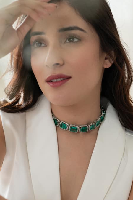 Do Taara_Blue Crystals, Fabric Flowers Double Layered Pearl Embellished Necklace _at_Aza_Fashions