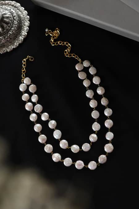 Shop Do Taara White Pearl Embellished Layered Necklace at Aza Fashions Shop_Do Taara_White Pearl Embellished Layered Necklace _at_Aza_Fashions