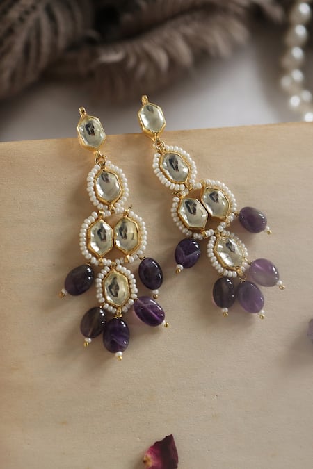 Shop Do Taara Purple Crystals, Stones Kundan And Amethyst Embellished Earrings at Aza Fashions Shop_Do Taara_Purple Crystals, Stones Kundan And Amethyst Embellished Earrings _at_Aza_Fashions