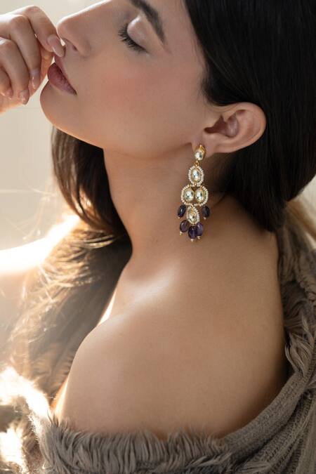 Do Taara Purple Crystals, Stones Kundan And Amethyst Embellished Earrings Online at Aza Fashions Do Taara_Purple Crystals, Stones Kundan And Amethyst Embellished Earrings _Online_at_Aza_Fashions