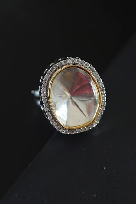 Shop_Do Taara_Silver Plated Crystals, Diamonds Victorian Polki Embellished Ring _at_Aza_Fashions