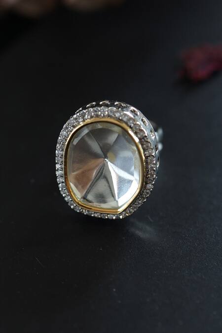 Buy_Do Taara_Silver Plated Crystals, Diamonds Victorian Polki Embellished Ring _Online_at_Aza_Fashions