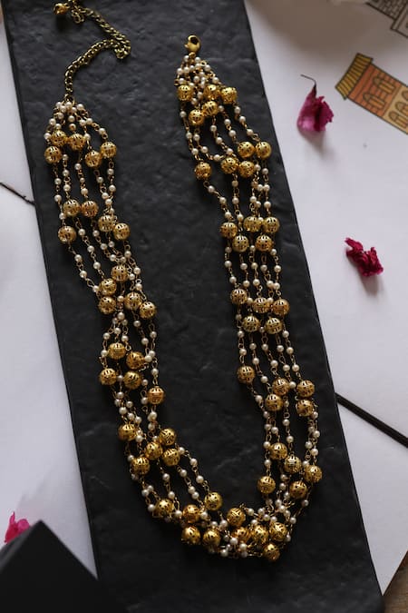 Shop_Do Taara_Gold Plated Embossed Balls Multi Strand Necklace _at_Aza_Fashions