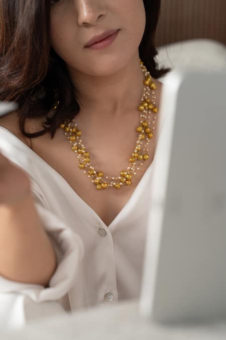 Shop_Do Taara_Gold Plated Embossed Balls Multi Strand Necklace _Online_at_Aza_Fashions