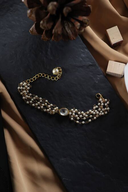Shop Do Taara Gold Plated Pearls Kundan Embellished Multi Strand Bracelet Online at Aza Fashions Shop_Do Taara_Gold Plated Pearls Kundan Embellished Multi Strand Bracelet _Online_at_Aza_Fashions