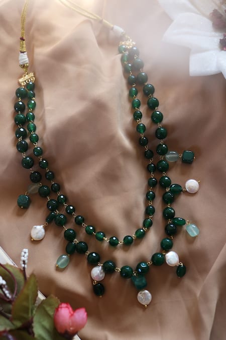 Shop Do Taara Green Natural Stone And Baroque Pearl Embellished Necklace at Aza Fashions Shop_Do Taara_Green Natural Stone And Baroque Pearl Embellished Necklace _at_Aza_Fashions