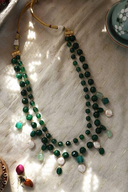 Buy Do Taara Green Natural Stone And Baroque Pearl Embellished Necklace Online at Aza Fashions Buy_Do Taara_Green Natural Stone And Baroque Pearl Embellished Necklace _Online_at_Aza_Fashions