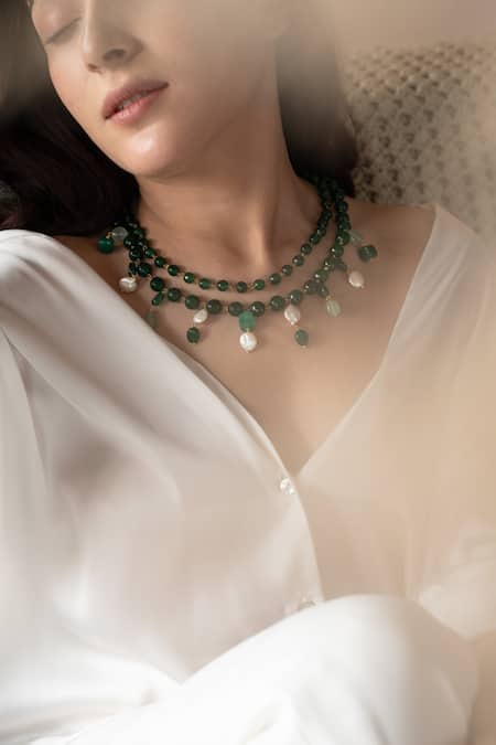 Shop Do Taara Green Natural Stone And Baroque Pearl Embellished Necklace Online at Aza Fashions Shop_Do Taara_Green Natural Stone And Baroque Pearl Embellished Necklace _Online_at_Aza_Fashions