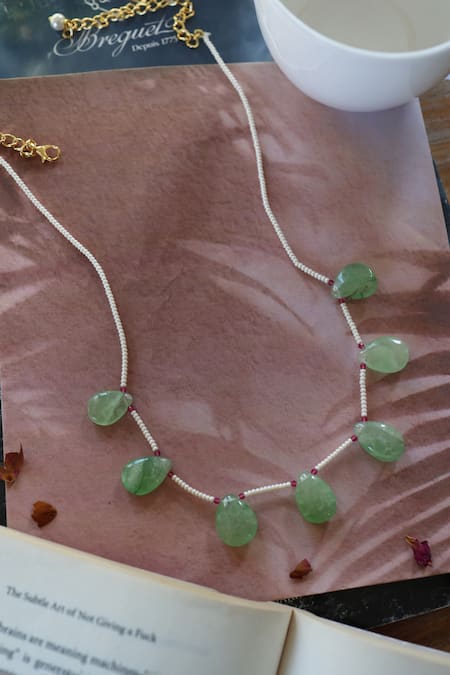 Shop Do Taara Green Fluorite Stone Embellished Necklace at Aza Fashions Shop_Do Taara_Green Fluorite Stone Embellished Necklace _at_Aza_Fashions
