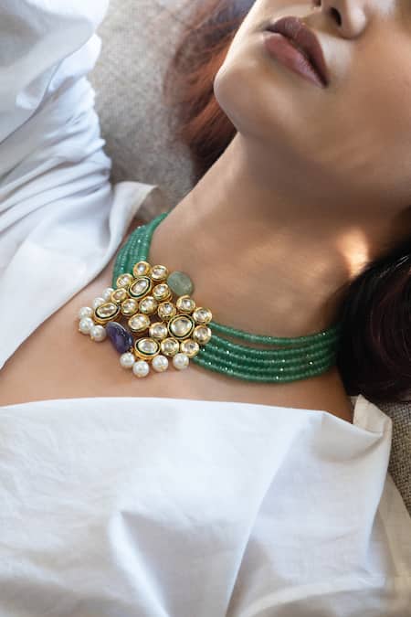 Do Taara Green Jade And Onyx Embellished Necklace Online at Aza Fashions Do Taara_Green Jade And Onyx Embellished Necklace _Online_at_Aza_Fashions